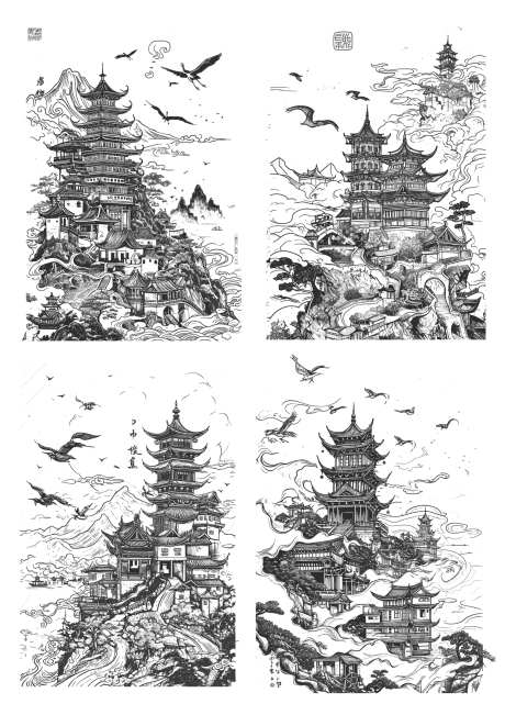 中国风画面线稿_源文件下载_1654X2339像素-线稿,中国风,古建筑,矢量,ai生成-作品编号:2024020713092139-志设-zs9.com