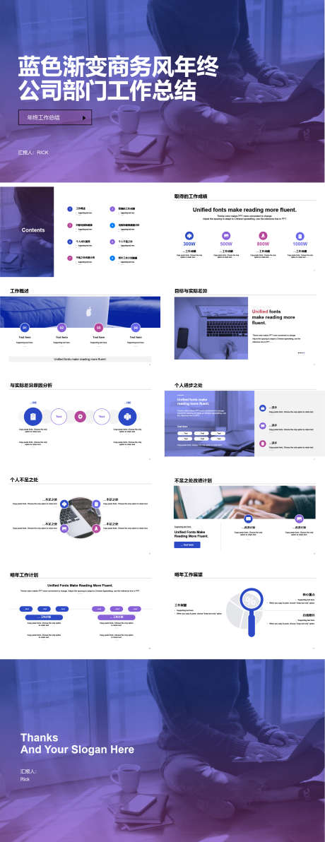 蓝色渐变商务风年终公司部门工作总结PPT_源文件下载_PPT格式_1621X4200像素-总结,部门,商务-作品编号:2024051116128472-志设-zs9.com