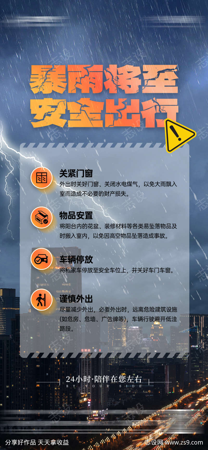 物业服务暴雨大雨预警安全出行警示海报