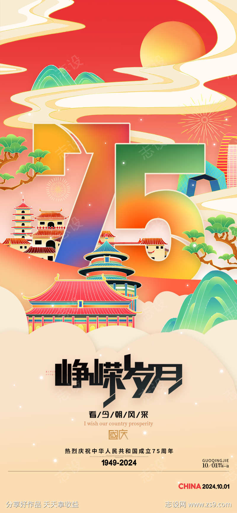 地产创意建国75周年借势海报