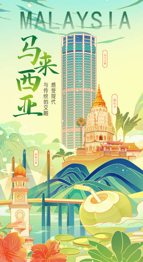 国潮风马来西来插画海报_源文件下载_PSD格式_1388X2545像素-手绘,插画,国风,山水,槟威,大桥,极乐寺,光大,大厦,国潮风,海报,马来西亚,建筑-作品编号:2024092015257080-素材库-www.sucai1.cn